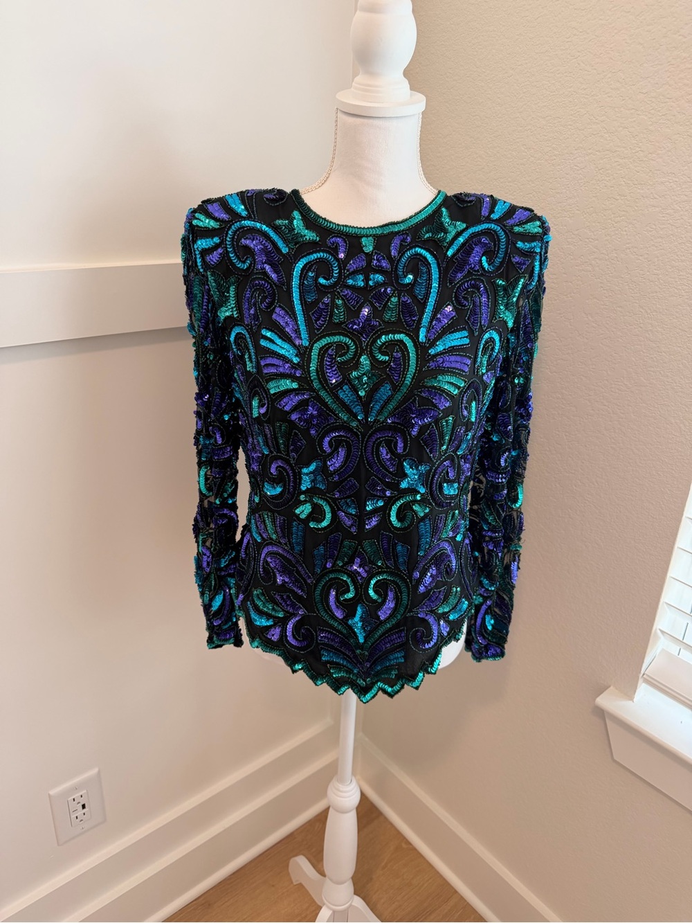Embellished Sequined Long-Sleeve Top in Teal & Purple